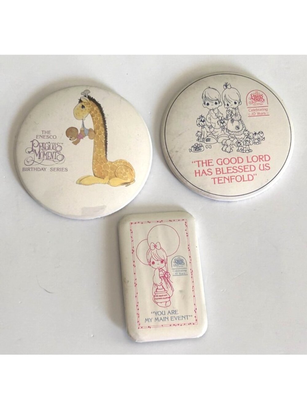 3 Precious Moments Pin Pinback Buttons Birthday Series 10-Year Anniversary